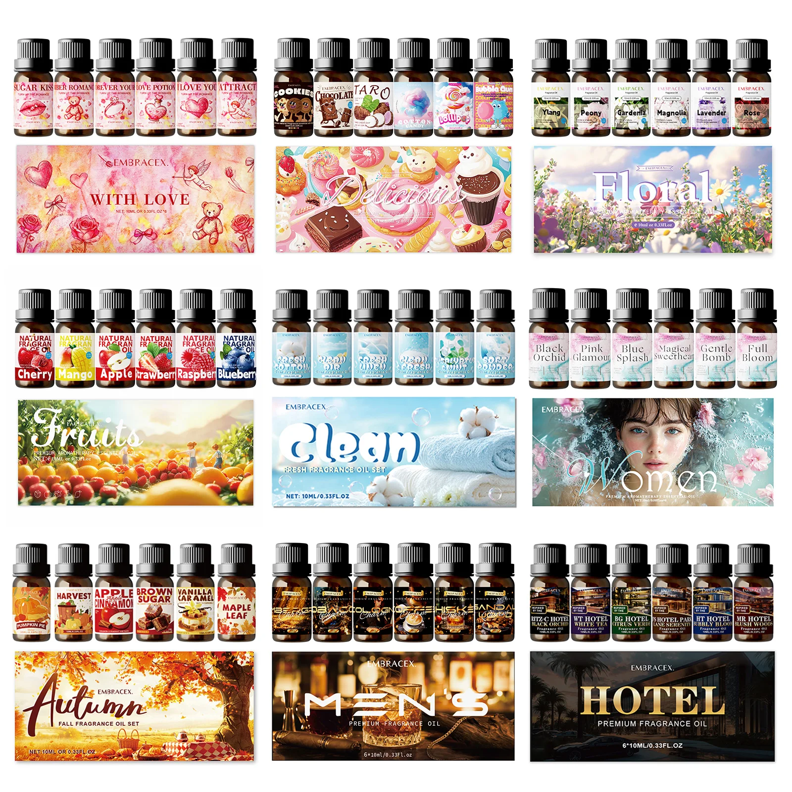 

Набор из 6 флаконов по 10 мл: эфирные масла для ухода за кожей, массажа тела, увлажняющие, с фруктовым ароматом, для отелей.