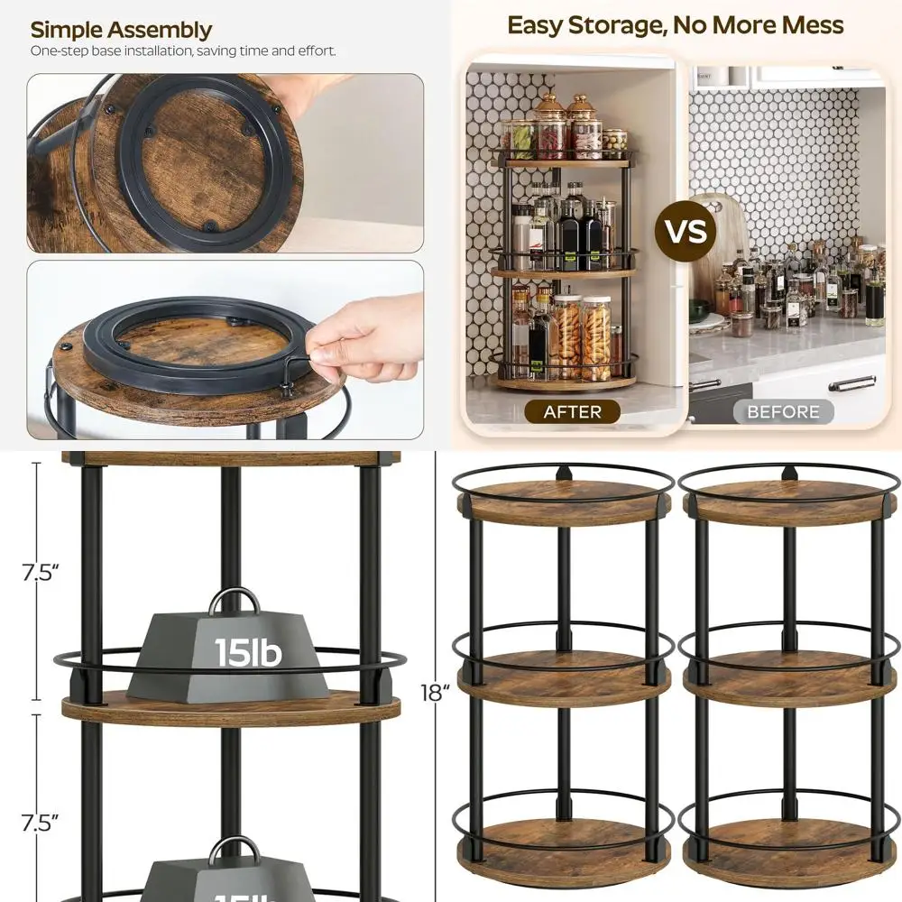 

2-Tier Lazy Susan Spice Rack Organizer, Rustic Brown, Compact for Kitchen Countertop Use