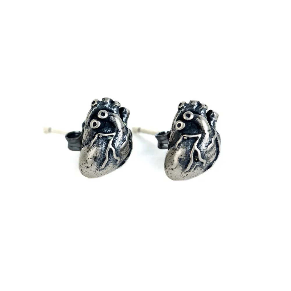 YIZIZAI Punk Retro Style Anatomical Human Heart Stud Earrings 100% 925 Sterling Silver Heart Beat Earring Men Women Jewelry Gift