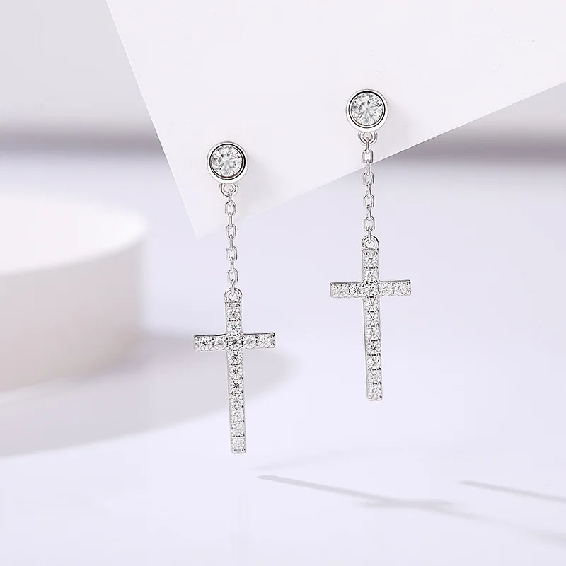 Cross S925 Silver Plated 18K Platinum Round Moissanite Drill Earrings 0.48ct For Women Daily Wear Jewelry