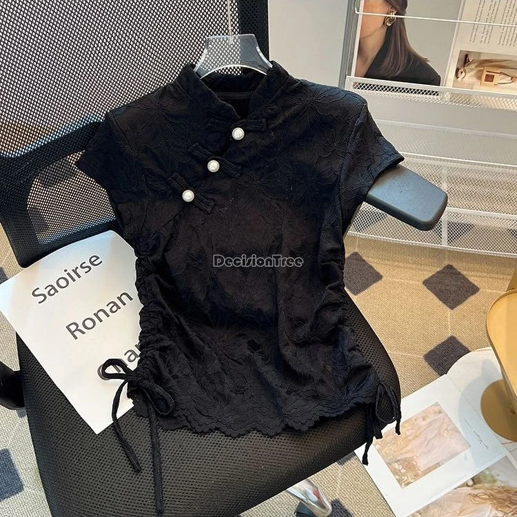 Summer chinese style short-sleeved shirt stand collar improved cheongsam women\'s blouse casual fashion lace daily qipao top