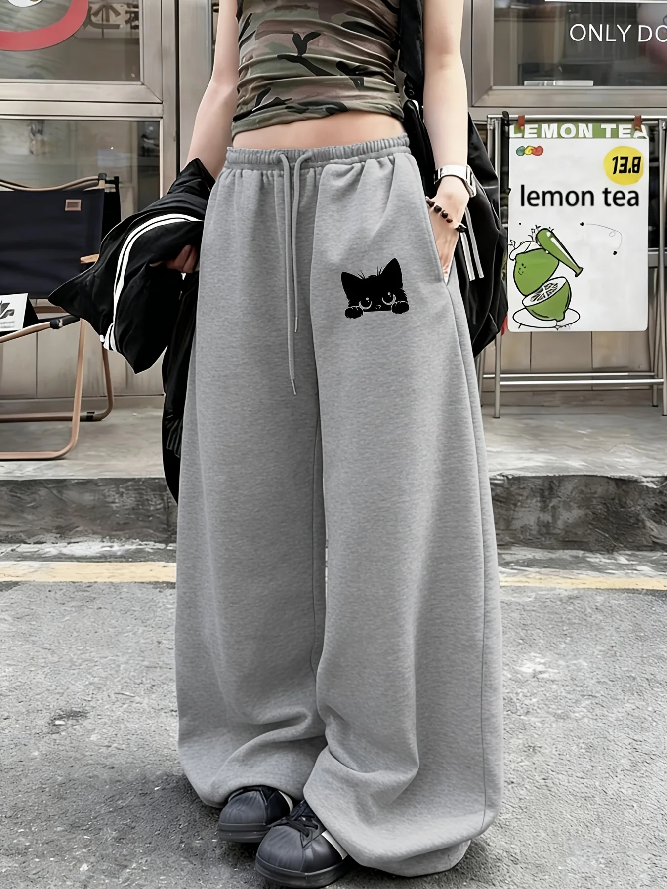 

Новые женские брюки больших размеров с принтом кошек, флисовые, с эластичной талией, прямые, модные и универсальные