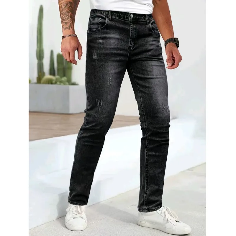

Skinny Slim Fit Men's Black Denim Jeans Distressed Scratched Casual Pants Spring Autumn Fashion Daily Streetwear Male Trousers