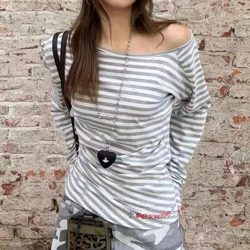 Europa e America harajuku High Street moda alla moda confortevole versatile sexy chic top a maniche lunghe a righe con spalle inclinate