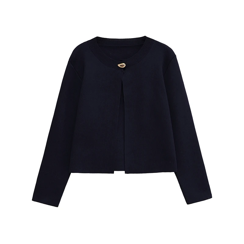 

New Women Navy Blue Single Button Knit Cardigan Long Sleeve Round Neck Short Autumn Outerwear