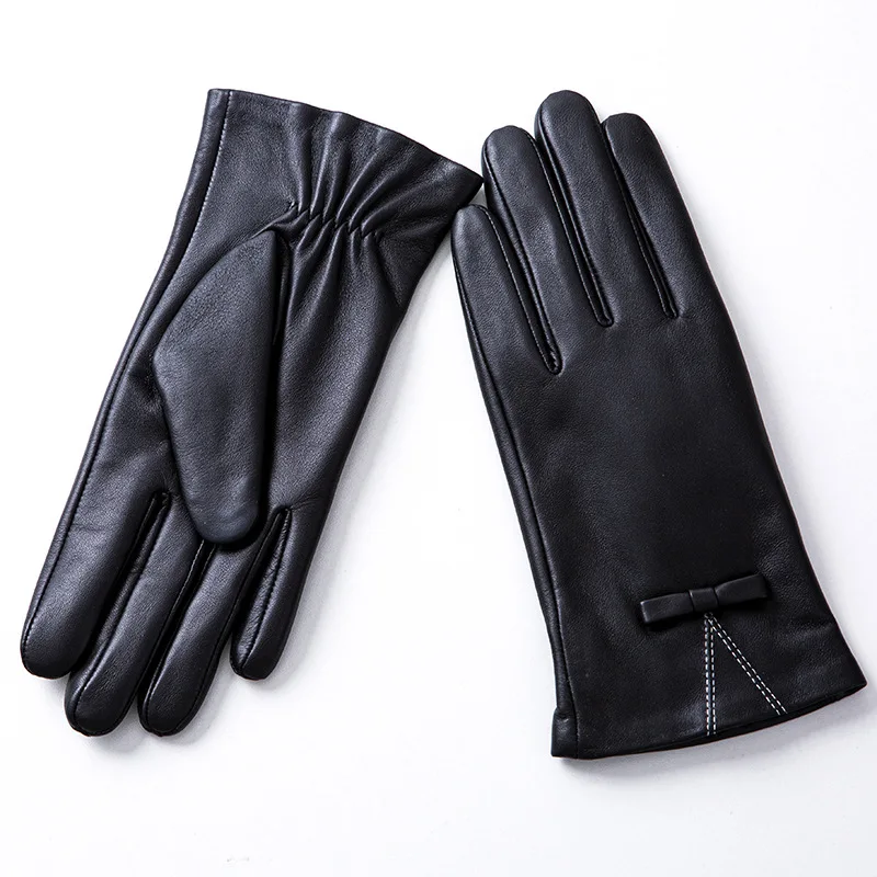 Black Genuine Sheepskin Leather Gloves Bow luxury Warm Touch screen Driving Cycling Ladies Fashion Accessories High-Quality