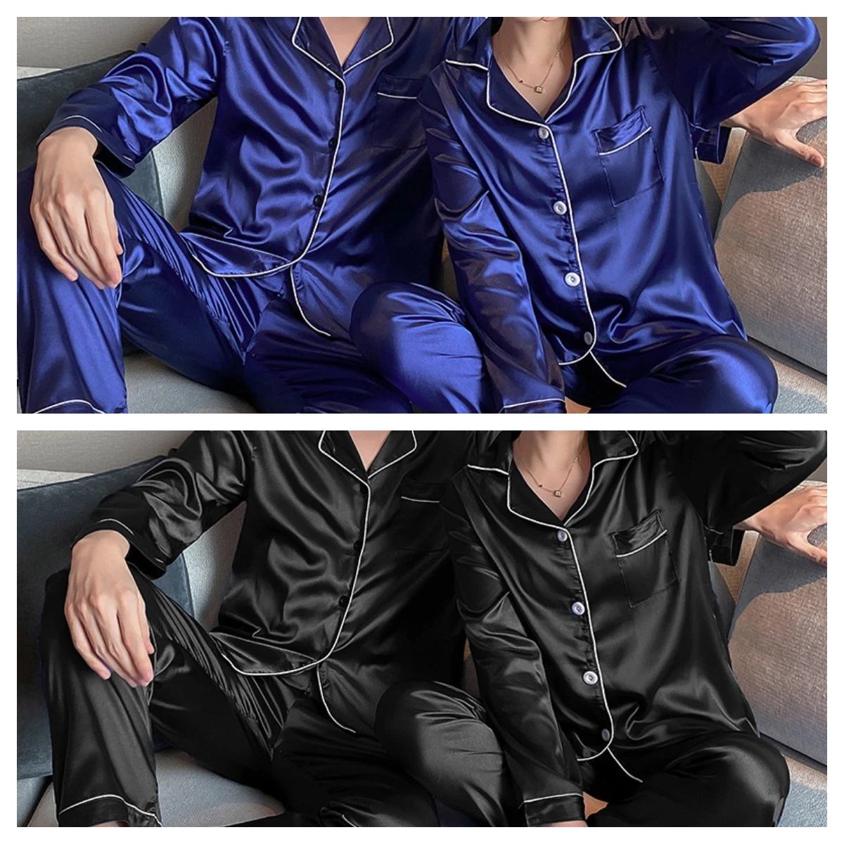 Couple New Pajamas Ladies Artificial Silk Thin Men\'s Lapels Long Sleeves Trousers Spring Autumn Summer Loungewear Ice Valentine\'