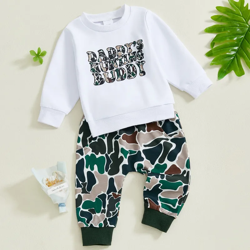 RUEWEY 0 to 3 Years Baby Boy Pant Sets Spring Autumn Clothes Letter Long Sleeve Sweatshirt and Elastic Camouflage Pants