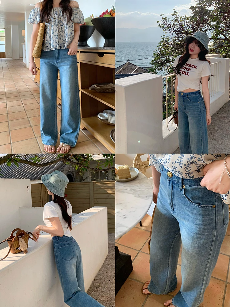 

Slim Women's Jeans Loose Straight Korean Sle Spring Summer High Waist Cotton Blue Rain Flowing Ele ort Size