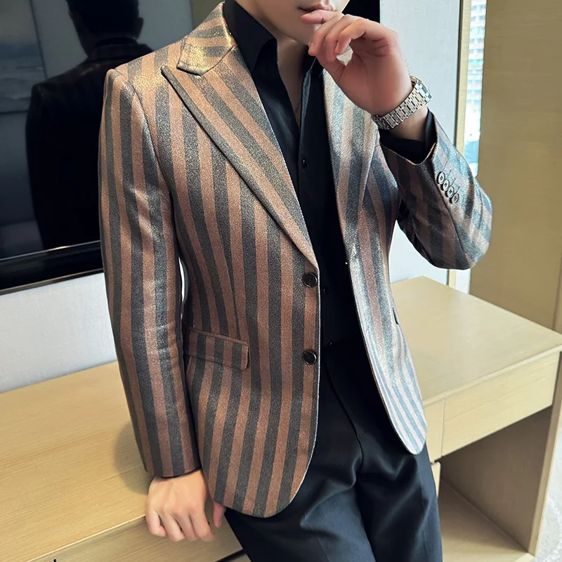 High Quality Striped Suede Suit Jacket for Men Slim Fit Casual Business Blazers Korean Version Wedding Banquet Formal Jacket