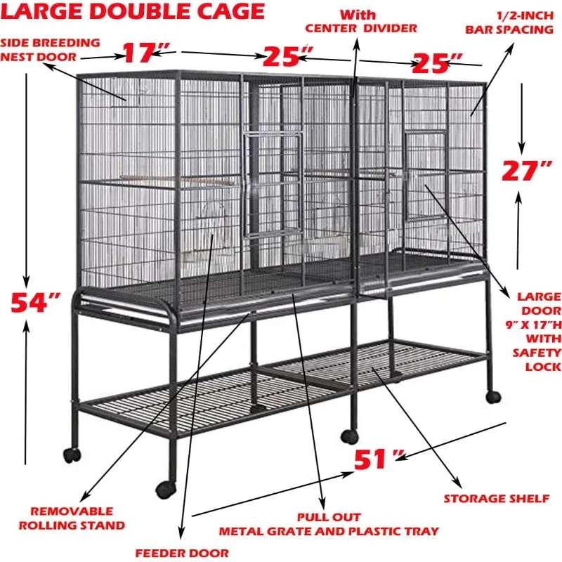 Large Double Birdhouse Treehouse Bird Flight Center Divider Cage with Side Breeding Nest Doors Removable Rolling Stand