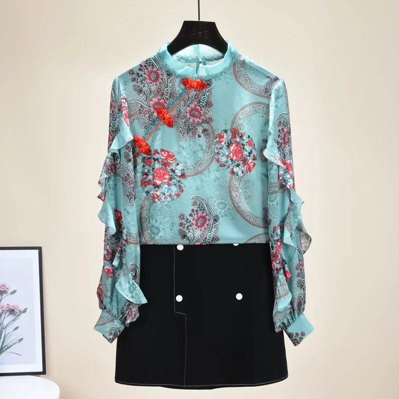 2020 Women Chinese Traditional Style Shirts Chiffon Blouses Loose Vintage Cheongsam Tops For Women Printed Floral Shirt 11071