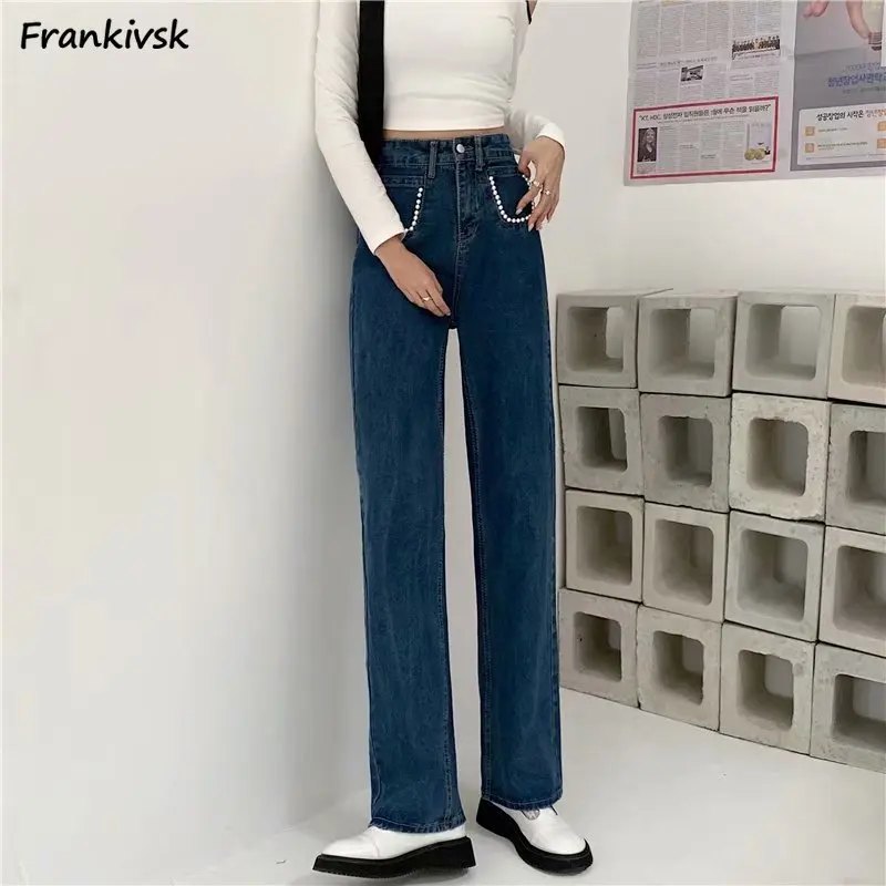 

Jeans Women Beading American Retro Washed All-match Distressed Denim Trousers High Street Straight Summer Harajuku Fashion Daily