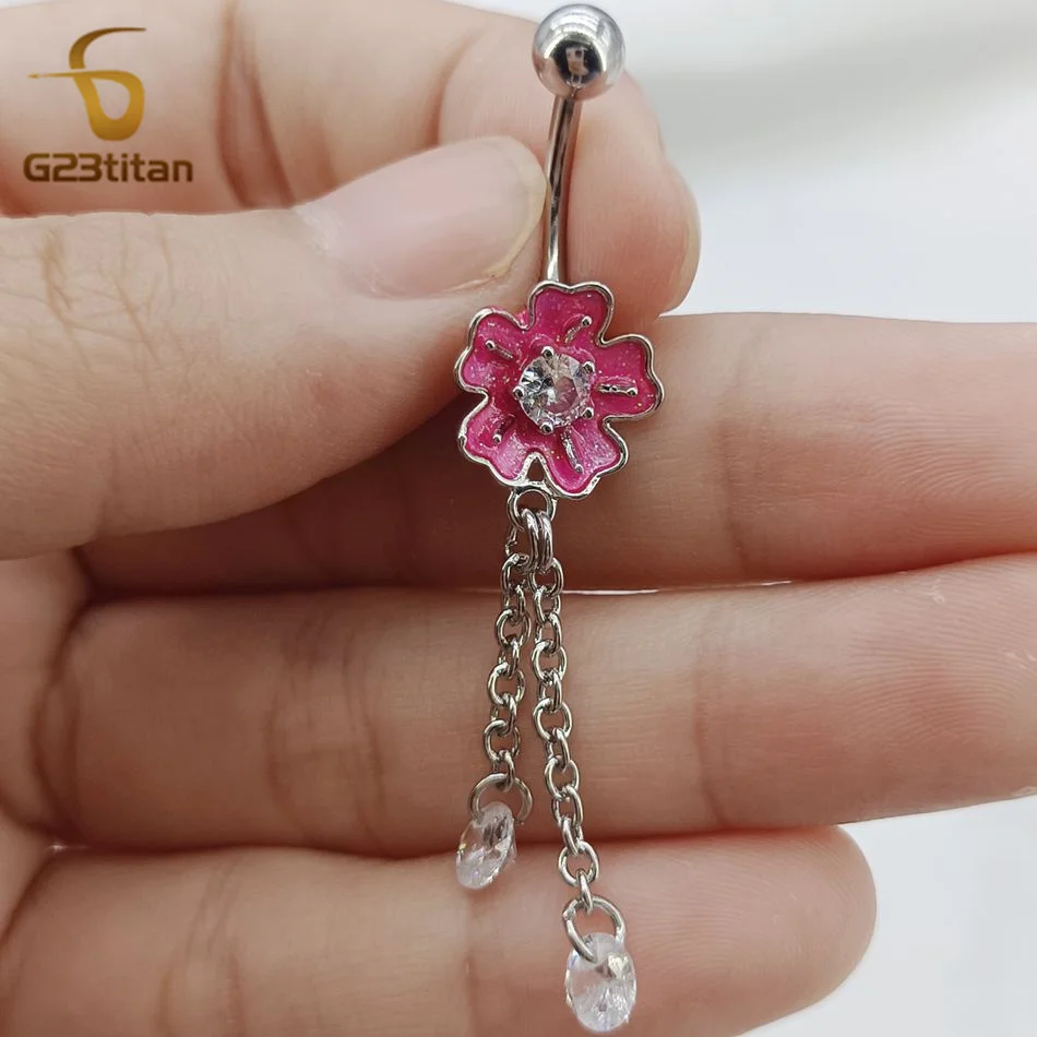 G23titan Charm Pink Flower Zircon Round Pendant Navel Ring 14G Titanium Barbell Belly Button Ring Piercing Women Jewelry Ombligo