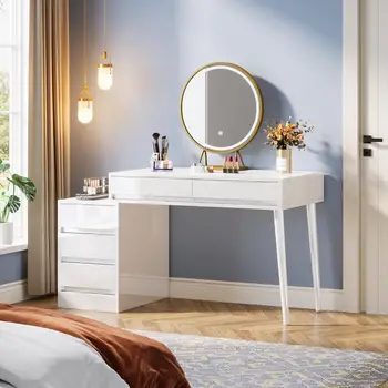 五抽屜梳妝台,帶可翻轉抽屜櫃和印表機架的化妝桌,內置電源的現代電腦桌 8 最佳銷售 抽屜櫃 - №4