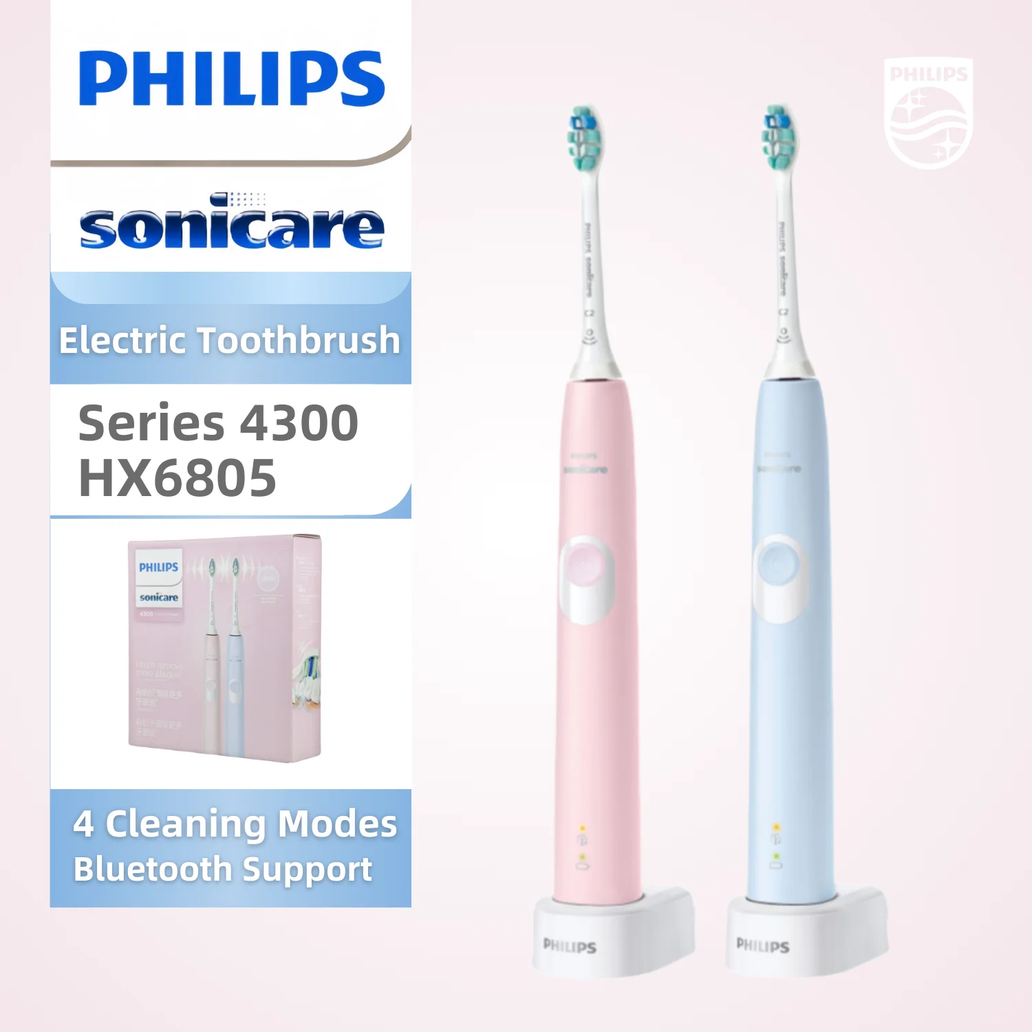 

Электрическая зубная щетка Philips Sonicare серии 4300 HX6805, две зубные щетки, 1 режим очистки, 1 функция BrushSync