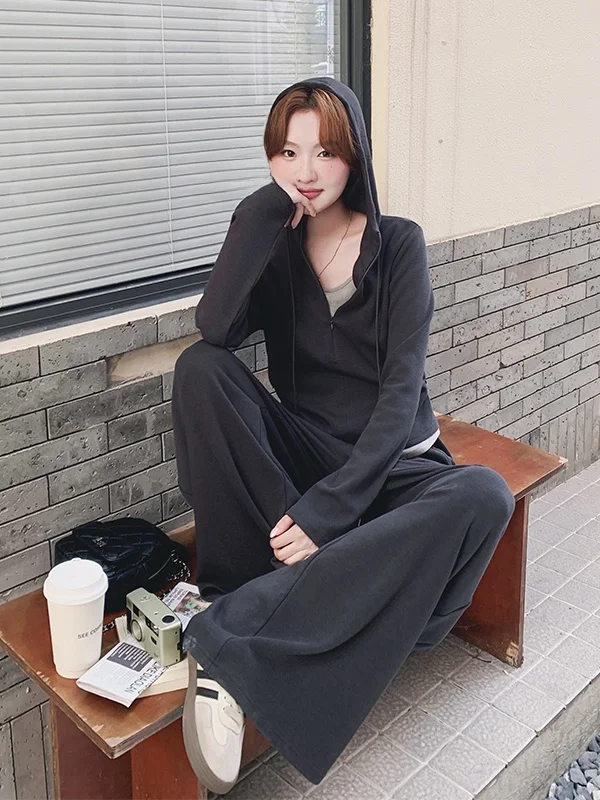 

Комплект из худи и широких брюк для женщин: повседневный, облегающий, для ранней весны и осени, с высокой талией, длинные брюки, комплект из двух предметов