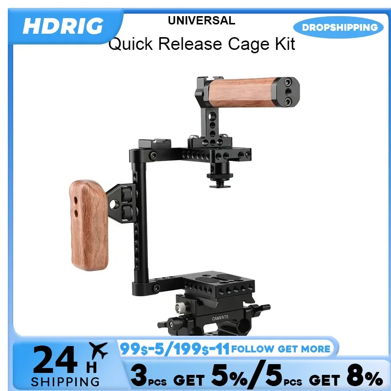 HDRIG Universal DSLR Camera HandGrip (Left-sided Wooden Handle) With Wooden Top Handle Grip Quick Release Cage Kit for Camera