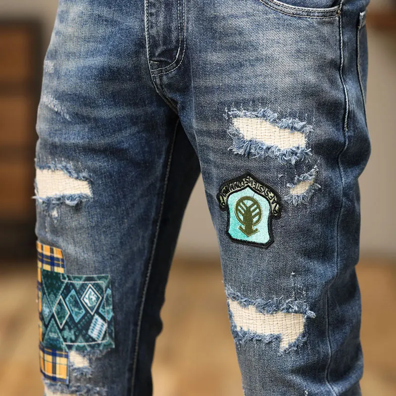 High Street Fashion Men Jeans Retro Blue Elastic Stretch Slim Fit Ripped Jeans Men Patched Designer Hip Hop Denim Pants Hombre