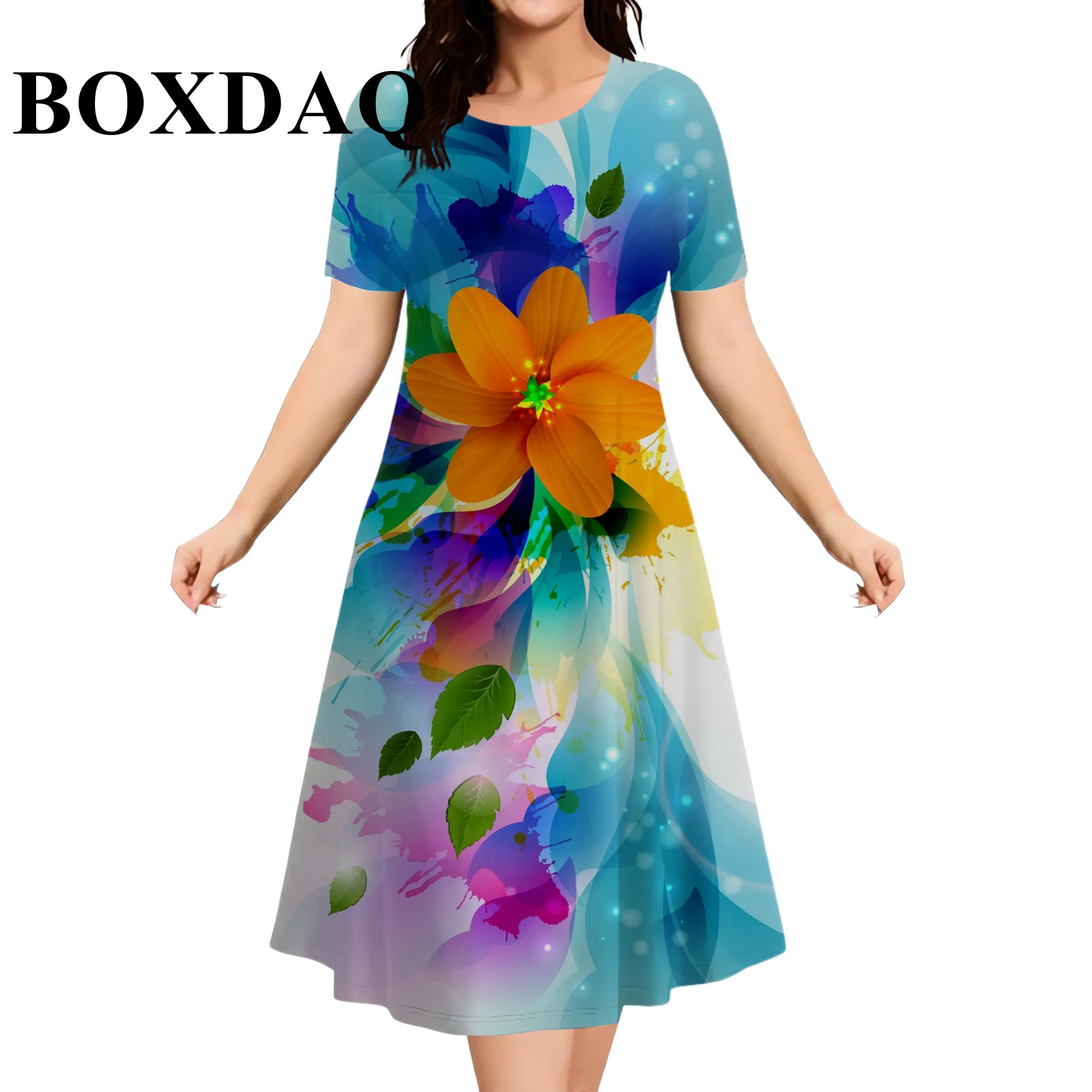 2026 New Women Dresses Fashion Plus Size Summer Flower 3D Print Short Sleeve Dress Casual Tie Dye Loose A-Line Dress Streetwear
