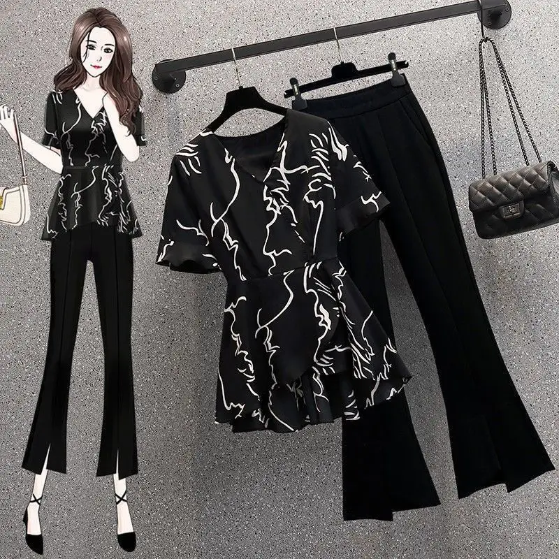 

Korean style fashion set for women's summer new waist cinching and belly covering chiffon shirt and flared trousers