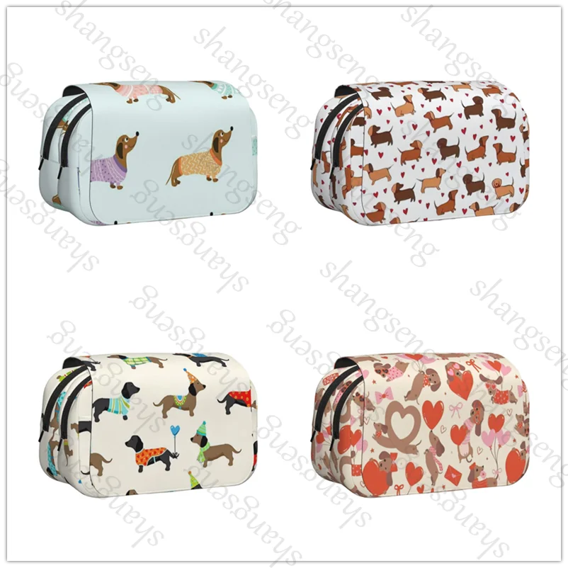 

Dachshund Silhouette Dog Double Layer Flip Pencil Bag School Supplies Children's Pencil Box Storage Cosmetic Bag Gift