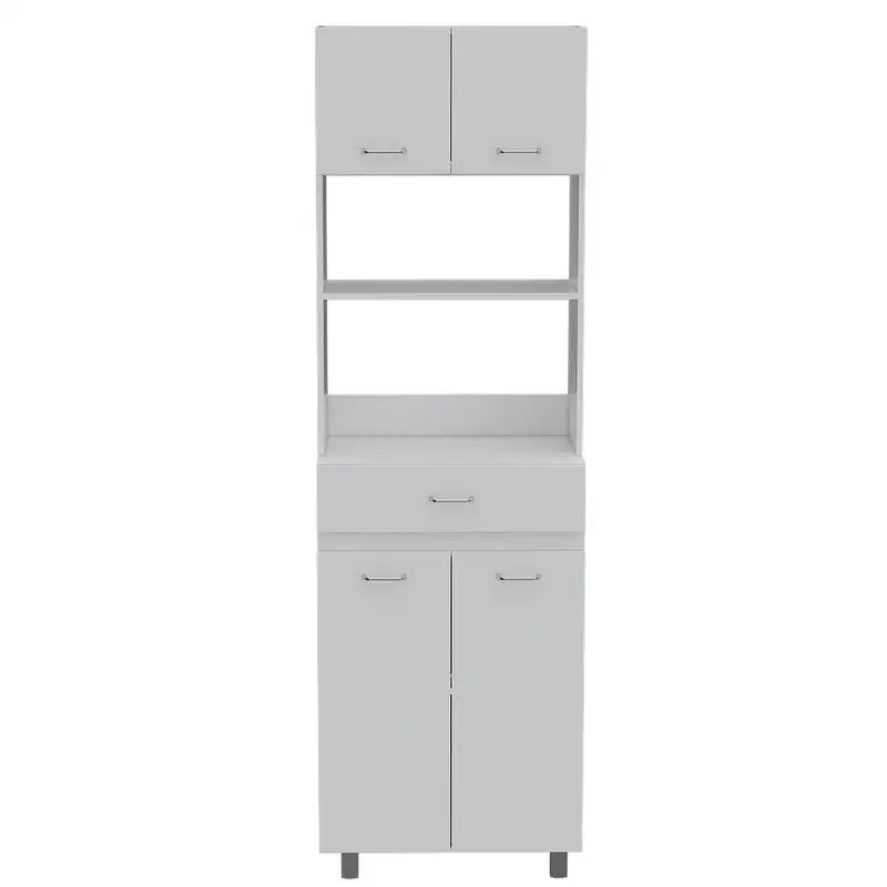 White Microwave Cabinet for Kitchen - Madison Storage Unit with Shelves and Adjustable Features