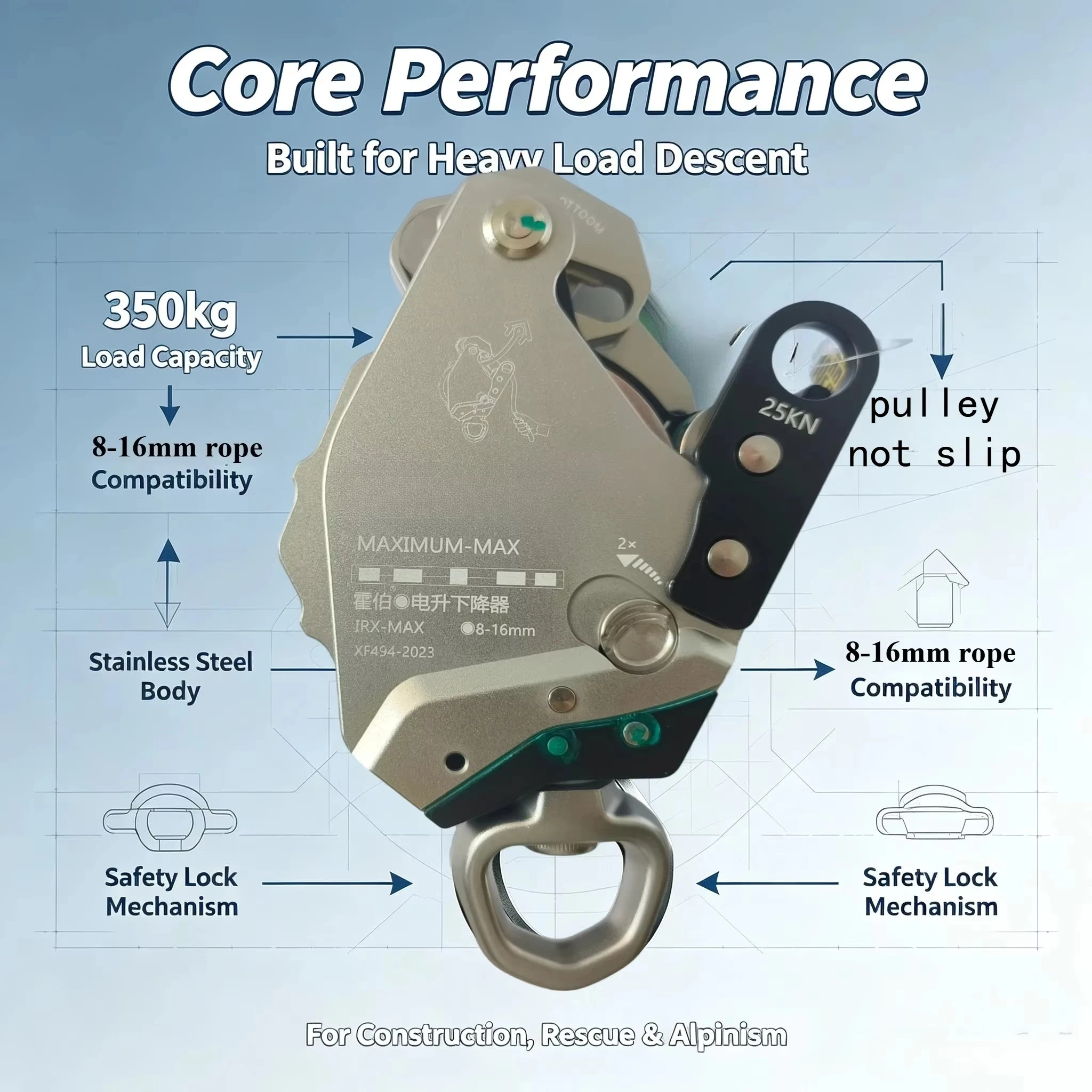 Electric Descender Device Load 350kg for 8-16mm rope Non-slip，lifting/lowering Device for rope climbing z3  fire