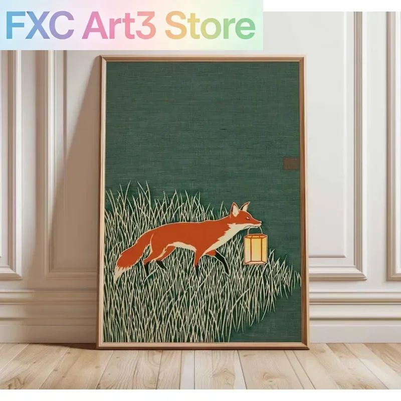 1 Stück rahmenloser Fuchs-Kunstdruck, Tierposter im japanischen Stil, minimalistische Natur-Wandkunst, moderne Waldillustration, rustikales Grün
