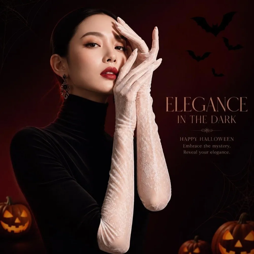 Ultra Thin Sheer Long Gloves Floral Printing Silky Smooth Oil Shiny Gloves Sheer See Through Five-Finger Dance Gloves Party