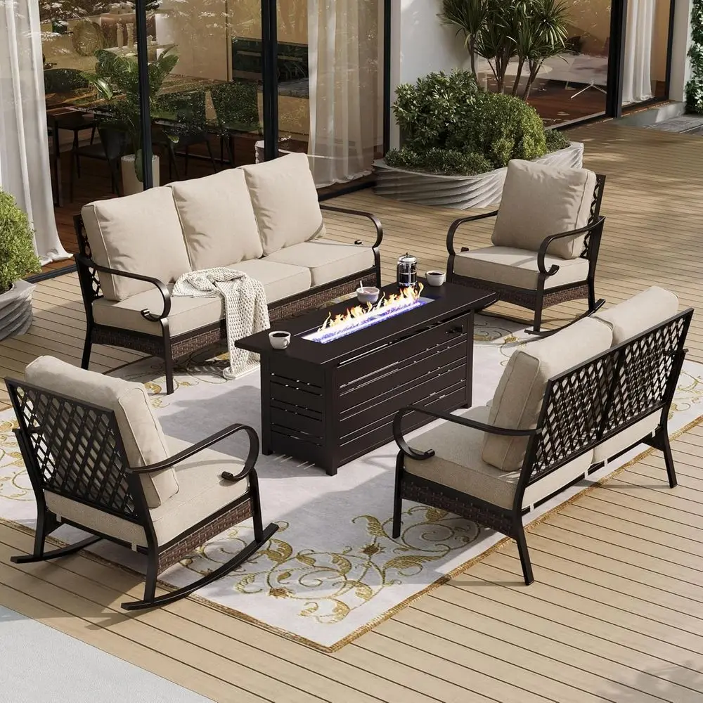 

Комплект садовой мебели из 5 предметов бежевого цвета: стол с очагом, 3-местный диван, 2-местный диван-софа, 2 кресла-качалки и 5,75-дюймовые подушки.