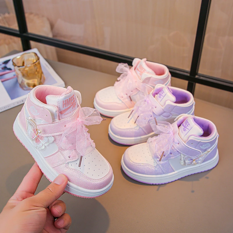 2024 Autumn New Children's Sports Shoes Fashion Butterfly Girls' Princess Casual Shoes Anti Slip Kids Running Sneakers