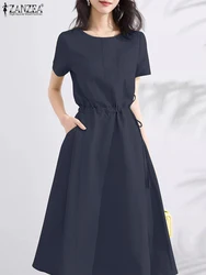 ZANZEA Women Elegant A-line Dress 2024 Summer Casual Short Sleeve O Neck Drawstring Waist Solid Vestidos Party Knee-length Robes