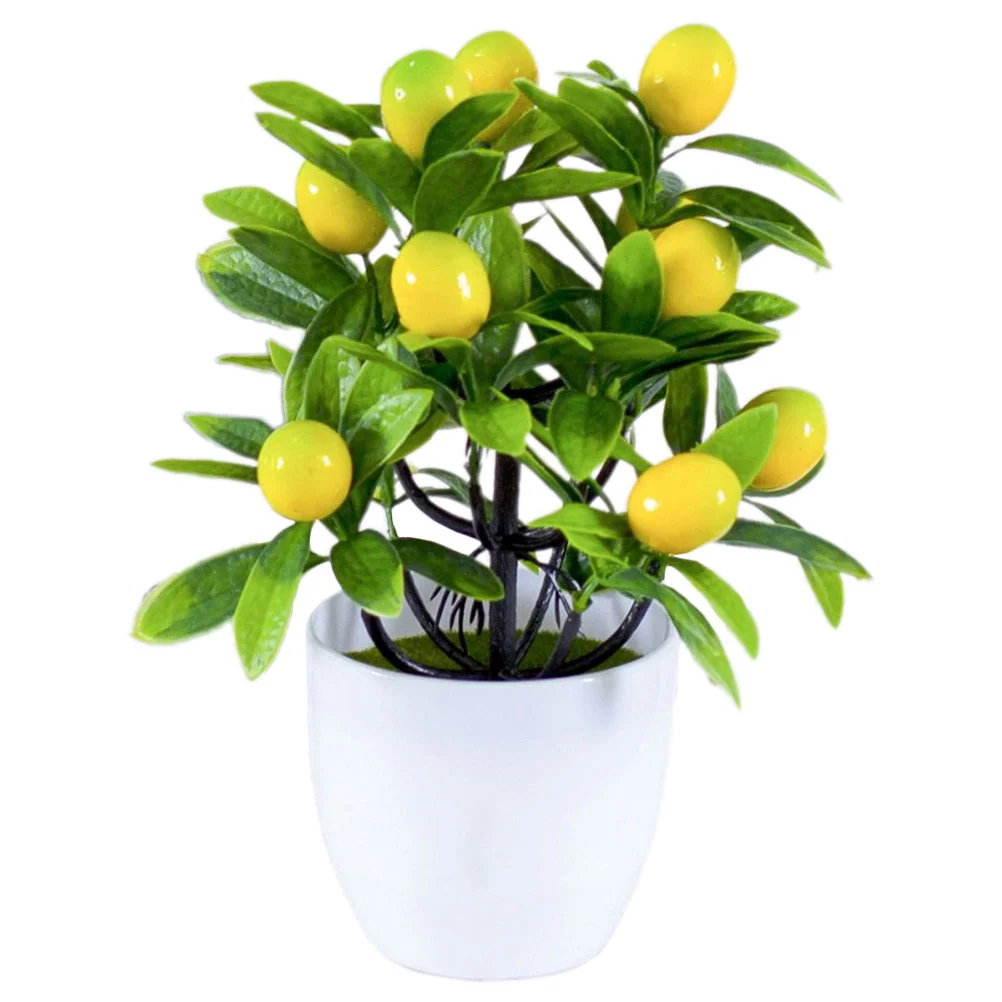 Artificial Mini Lemon Tree Potted Plant Realistic Faux Fruit Bonsai for Desk Office Home Decor Yellow Pot Easy Maintenance Free