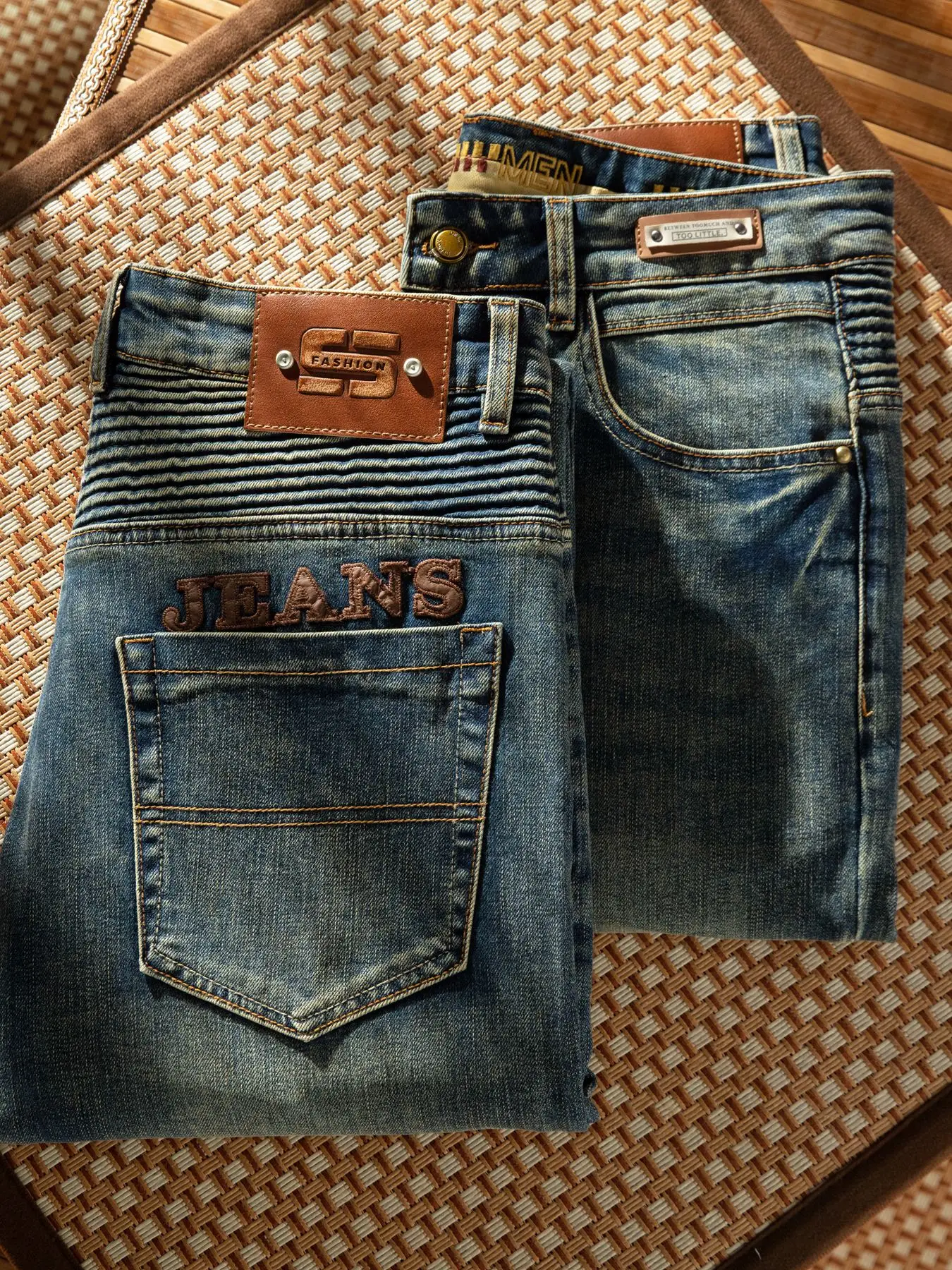 High-End Embroidered Men's Jeans Straight Leg Washed Cotton Stretch Denim Street Style Personality Wear Resistant Anti-Dirt