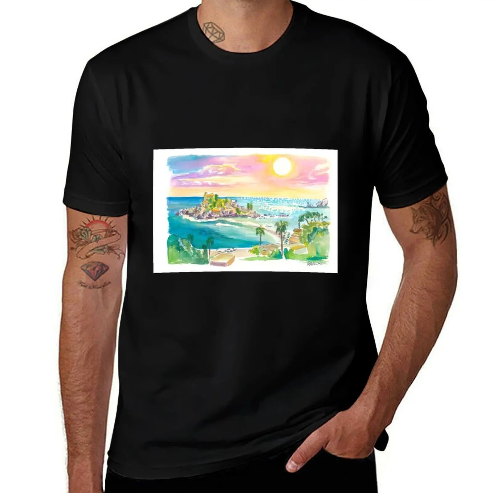 Isola Bella Taormina Sicily Panoramic View T-Shirt Abstract Pattern Print Top T-Shirt