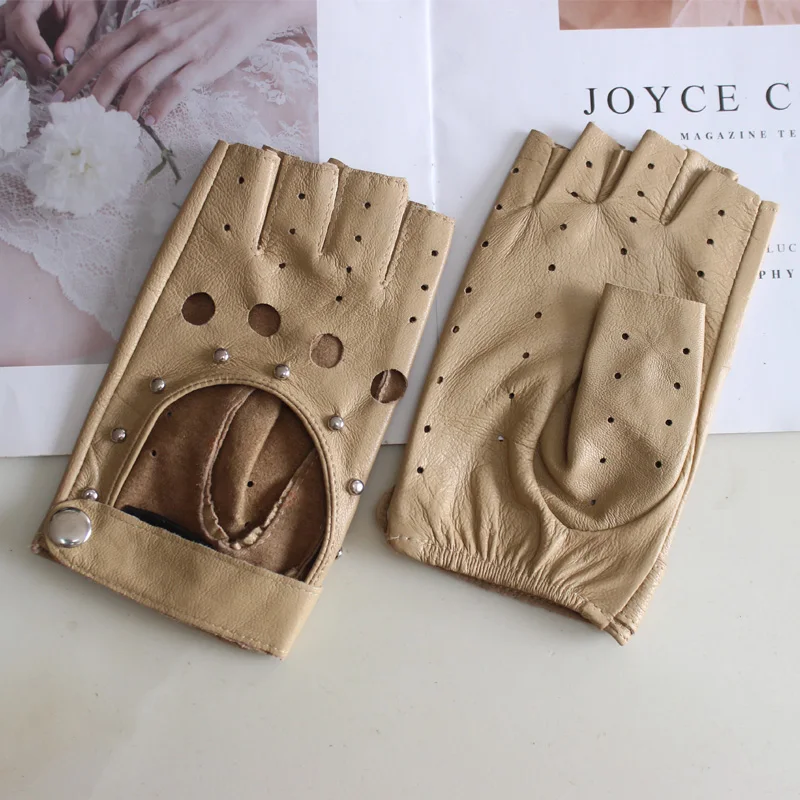 New Women's Sheepskin Half Finger Gloves Thin Style Unlined Rivet Style Colored Genuine Leather Driving Gloves