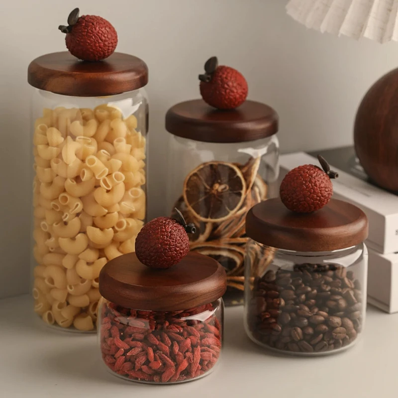Glass Airtight Canister with Wooden Lid Food Grade Jar for Coffee Beans Spices Cereal Storage Container Kitchen Pantry Organizer