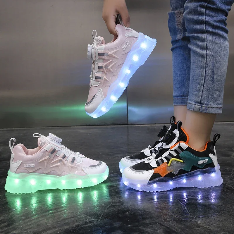 Swivel Buckle Child Casual Shoes Can Shine Light Children High-elastic Sport Shoe Trendy Kid Sneakers Wear-resistant Boy Sneaker