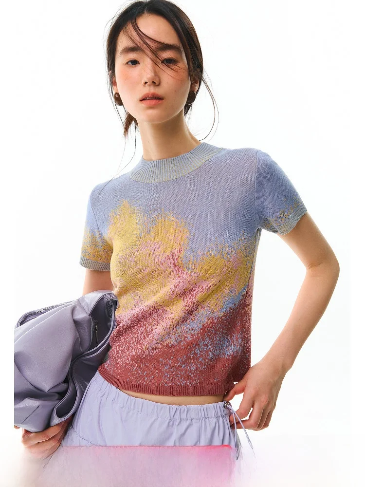 

Uare Original Design ort Sve Knitted T-irt adient Burnt Clouds Tianli Linen Rayon Blend Summer Thin round Ne Top