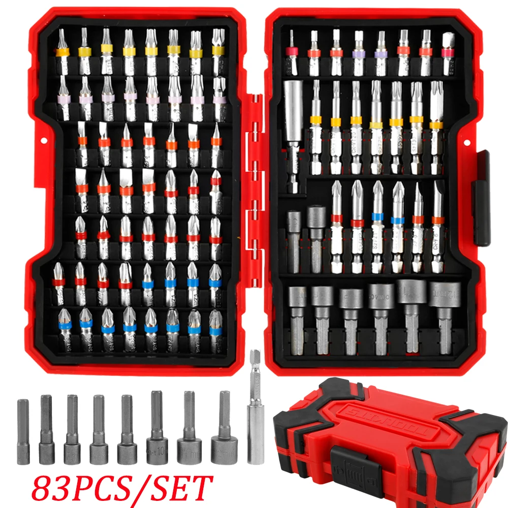 Conjunto de Bits de Chave de Fenda Colorido Bits de Segurança Conjunto de Chave de Fenda Elétrica com Case Portátil Aço Magnético Longo Broca Conjunto 83 Peças