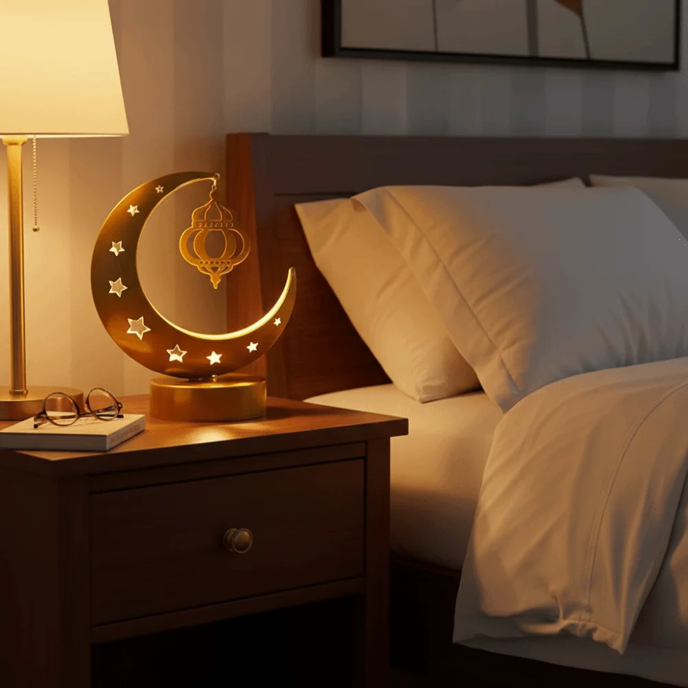 

Настольная лампа в стиле металлического искусства для Рамадана, кованая, с вырезанным золотым узором в виде луны, светодиодный светильник в форме полумесяца и звезды, мягкий свет