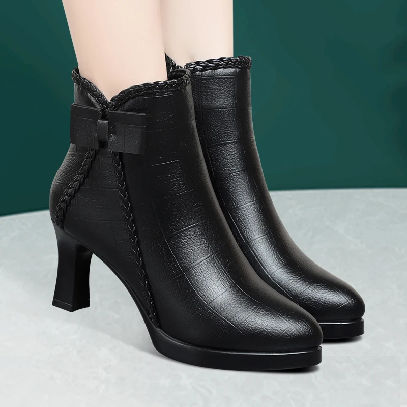 

Winter Women's High Heel Fce Lined Leather Boots Waterproof Platform mid Heel ort Boot Commute Sle Zipper Closure