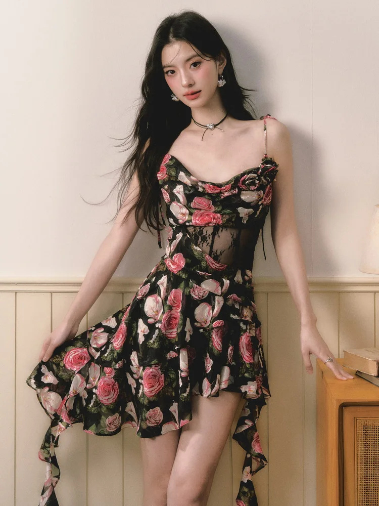 ReddaChic Romantic Rose Strappy Women One-piece Irregular Ruffle Flowy Sheer Mesh Stitch Mini Floral Dress Casual Summer Clothes