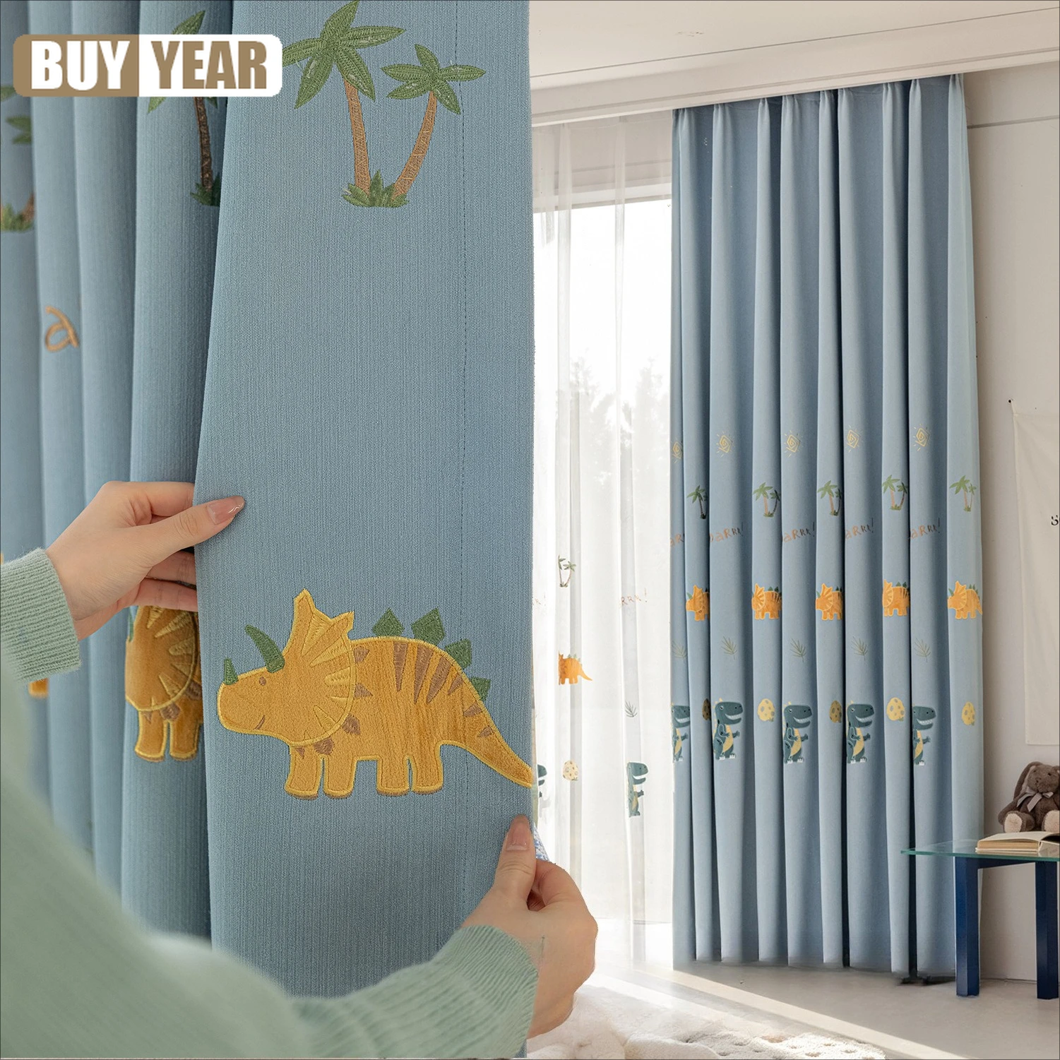 

Little Dinosaur Chenille Children's Room Curtains Cute Cartoon Embroidered Curtains Small Fresh Boys and Girls Room Bedroom