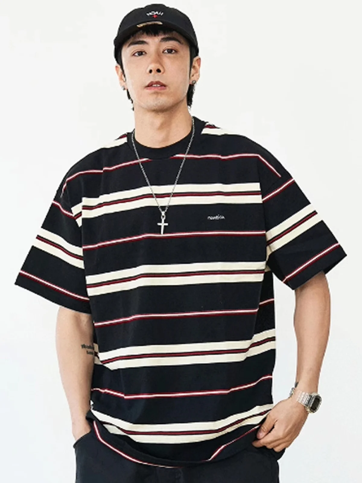 

Мужская футболка в японском стиле, плотная (320 г/м²), ретро, повседневная, с вышивкой в полоску, свободного кроя, с коротким рукавом