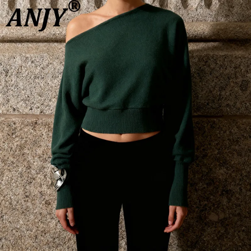 

ANJY Autumn Winter New Women Korean Style Design Asymmetrical Shoulder Sweater Chic Elegant Casual Niche Fashion Pullover A16958
