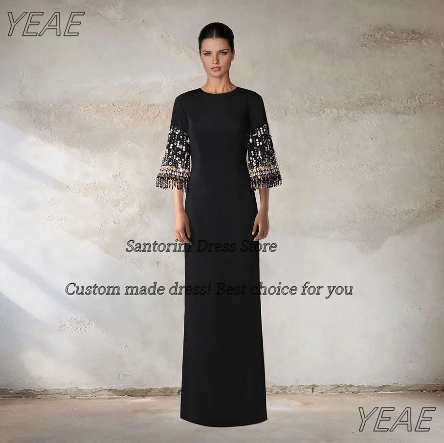 

Santorini Saudi Prom Party Dresses O-Neck Beading Long Sleeves Evening Gowns Zipper Back Slit Special Banquet Dress Customized