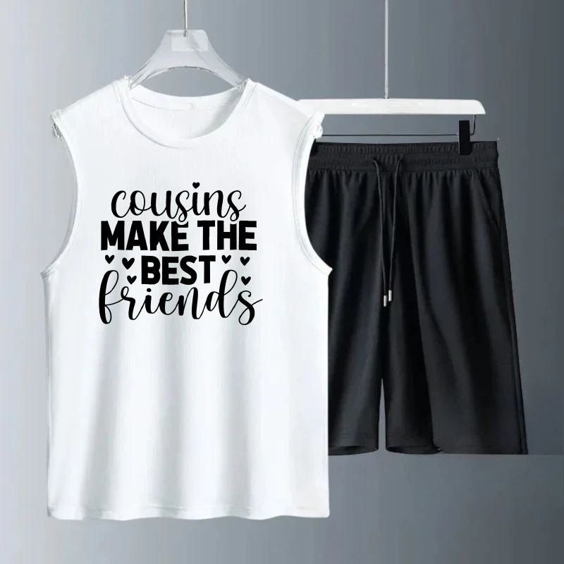 بدلة صدرية رجالية صيفية بدون أكمام مطبوعة من العملاء تصنع أفضل أصدقاء تانك القمم + شورت رياضي طقم مكون من قطعتين رياضية #1