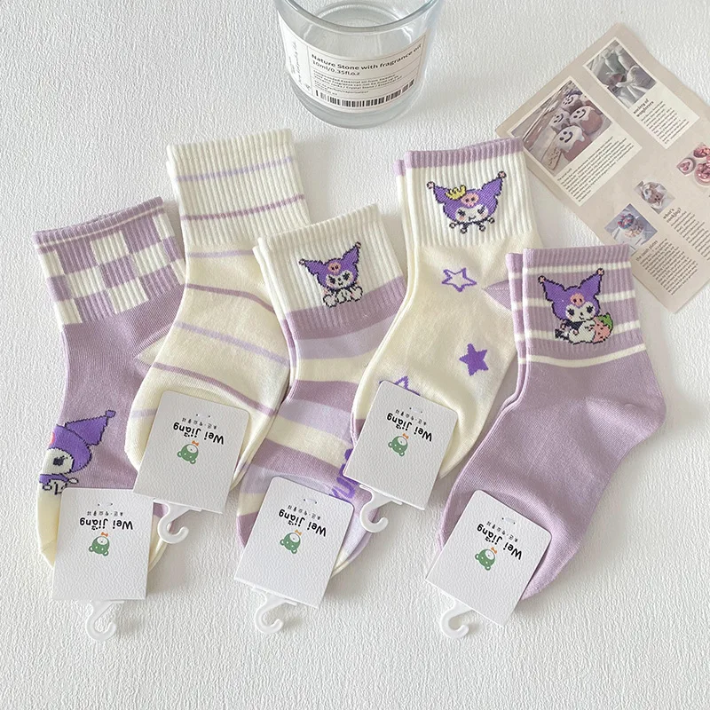 5pcs Kuromi Kids Socks Kawaii New Spring and Fall Cartoon Hello Kitty Children Mid-calf Socks for Girls and Boy 5-12 Years